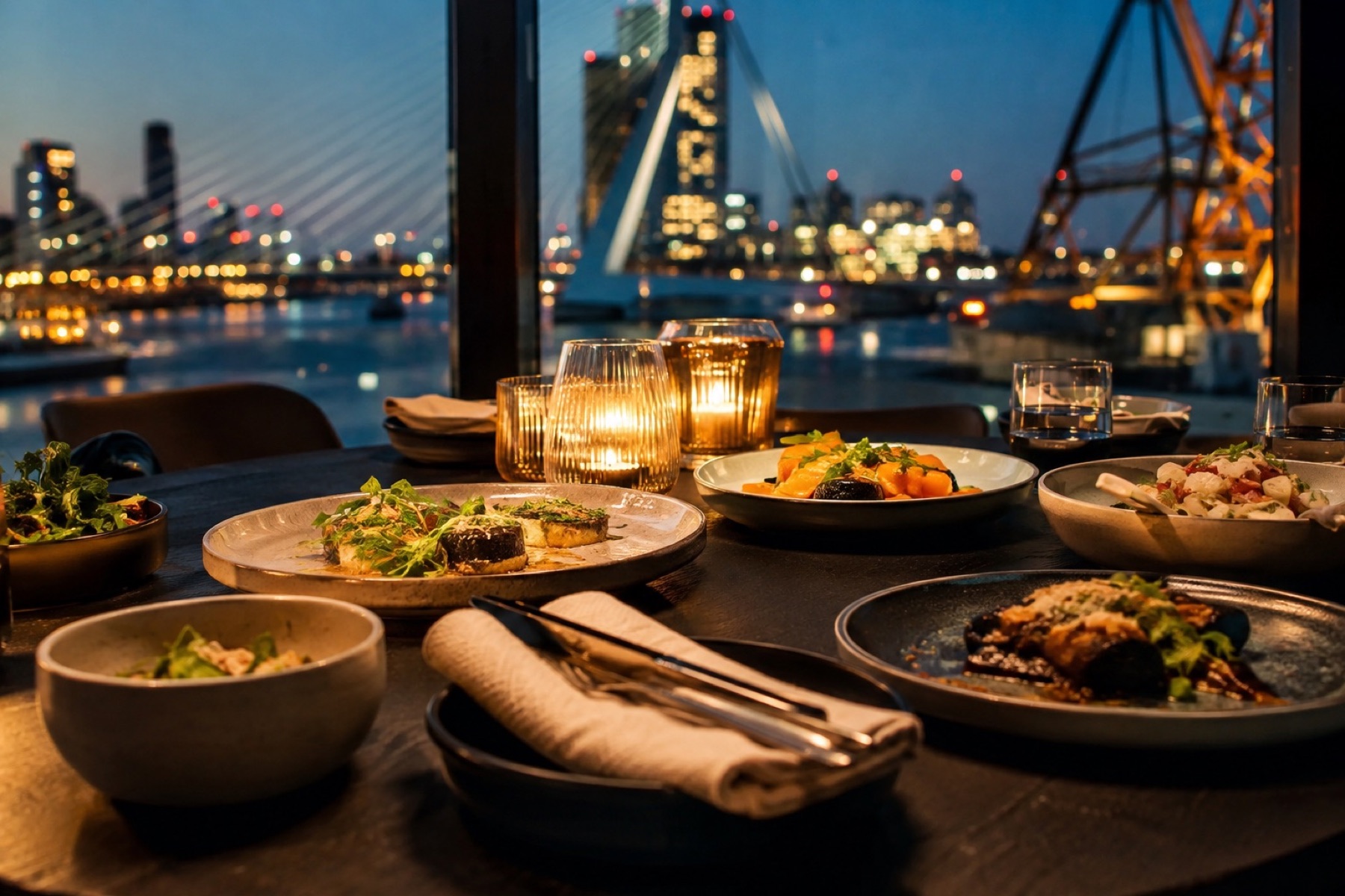 Gedekte tafel aan het water met schalen, kaarsen en de verlichte brug erachter
