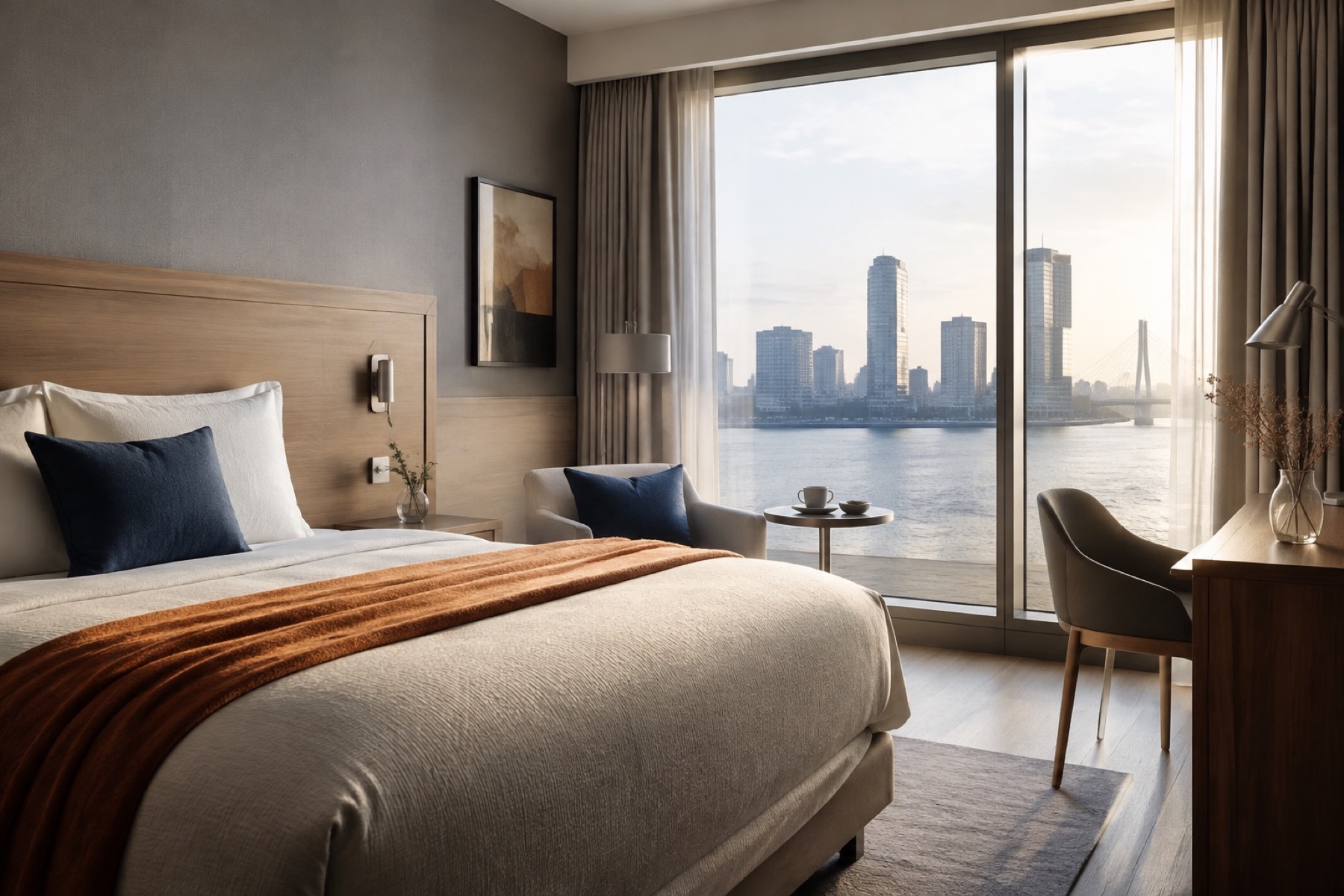 Hotelkamer met uitzicht over het water en een stoel bij het raam
