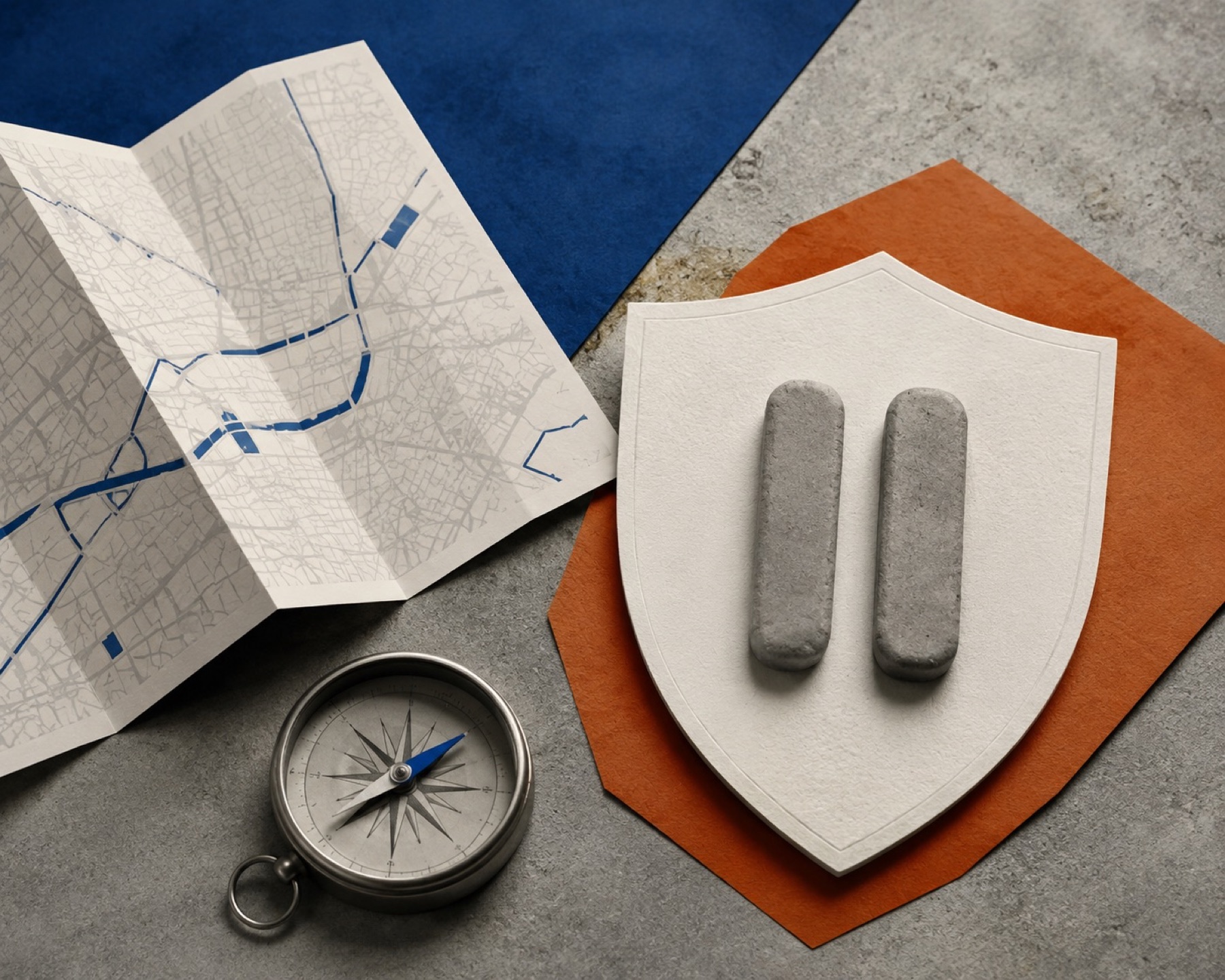 Opengevouwen plattegrond met een kompas op een leren onderlegger